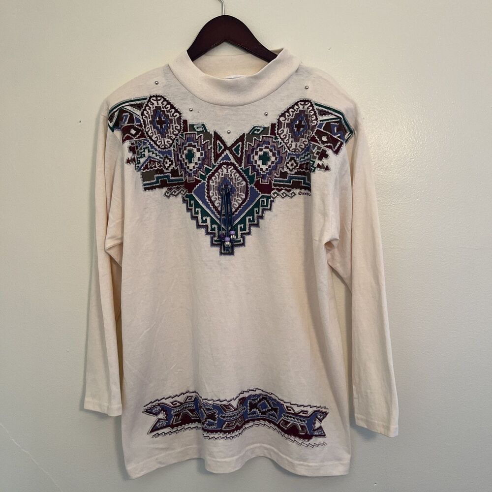 Vintage 90s KWBL Los Angeles Deco Hand Painted Aztec Beaded Tribal 3/4 Sleeve-XL